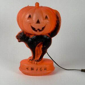 Vintage 15" Halloween Pumpkin Black Cat Blow Mold Light Up Orange Trick-Or-Treat